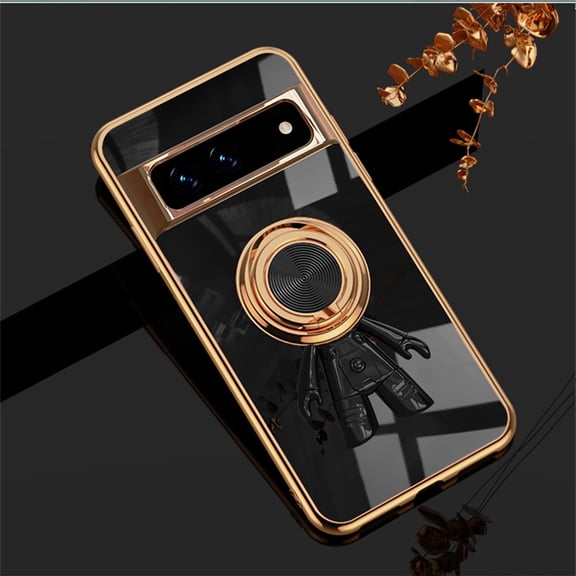 SaniMore for Google Pixel 7A Case, Lens Protection Electroplating Silicone Magnetic 3D Dimensional Astronaut Cover with Car Mount & Ring Kickstand Shockproof Protective Shell, Black