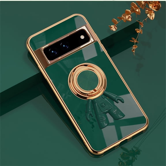 SaniMore for Google Pixel 7A Case, Lens Protection Electroplating Silicone Magnetic 3D Dimensional Astronaut Cover with Car Mount & Ring Kickstand Shockproof Protective Shell, ,Darkgreen