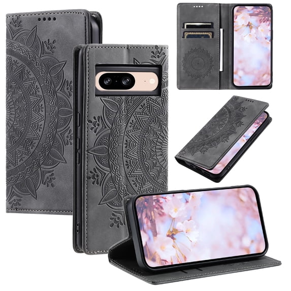 SaniMore for Google Pixel 7A Case, PU Leather Embosed Mandala Flower Wallet Protective Phone Cover Card Slots Pocket Purse Women Men Kickstand Vintage Shockproof Anti-fall Shell, Grey