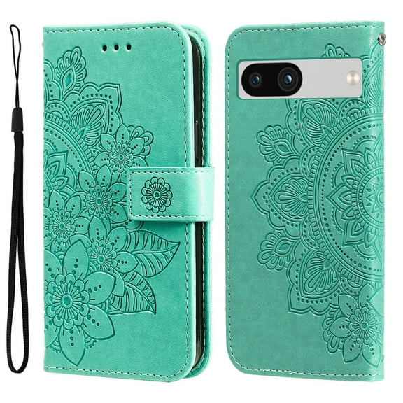 SaniMore for Google Pixel 7A Case with Wrist Strap, Fashion Flower Embossing Design for Girls/Women, Dual Magnet Card Holder Wallet Cover Kickstand Shockproof for Google Pixel 7A, Green