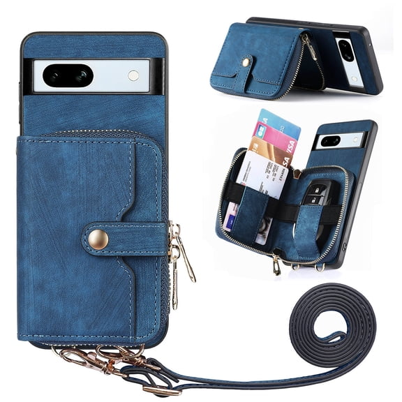 SaniMore for Google Pixel 8 (2023) Case,Wear-resistant PU Leather Skin + Zipper Purse Card Slots Removeable Crossbody Lanyard Stand Shell Shockproof Anti-scratch Drop-resistant, Blue