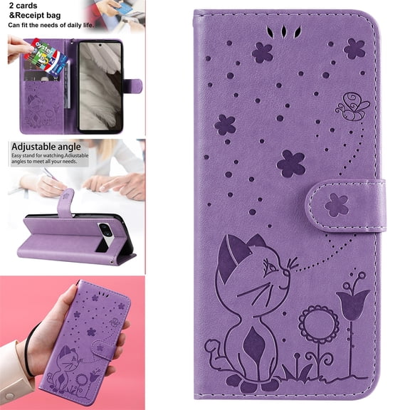SaniMore for Google Pixel 8 6.3" 2023 Case, PU Leather Skin with Embossed Cat Flip Magnetic Cover Card Slots Kickstand Detachable Lanyard Full Around Protective Wallet Shell, Purple