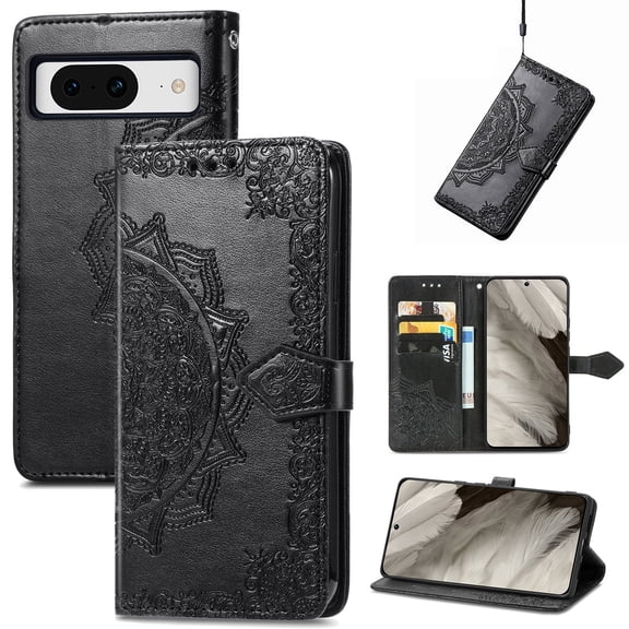 SaniMore for Google Pixel 8 6.3" 2023 Wallet Case with Embossed Mandala PU Leather Flip Protection Wrist Strap Credit Card Holder Pocket Kickstand Shockproof Cover For Google Pixel 8, Black