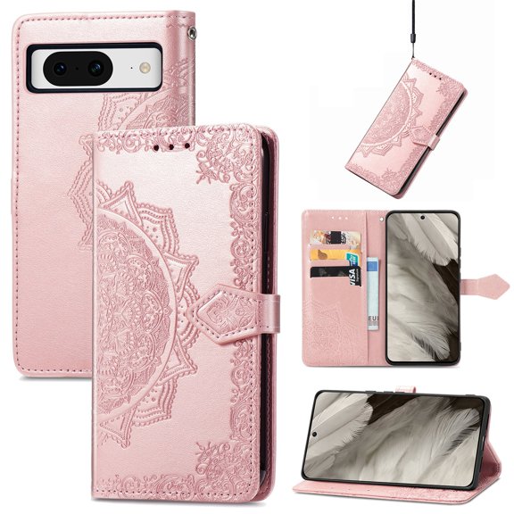 SaniMore for Google Pixel 8 6.3" 2023 Wallet Case with Embossed Mandala PU Leather Flip Protection Wrist Strap Credit Card Holder Pocket Kickstand Shockproof Cover For Google Pixel 8, Rosegold