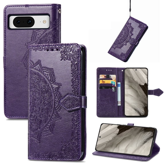 SaniMore for Google Pixel 8 6.3" 2023 Wallet Case with Embossed Mandala PU Leather Flip Protection Wrist Strap Credit Card Holder Pocket Kickstand Shockproof Cover For Google Pixel 8, Purple