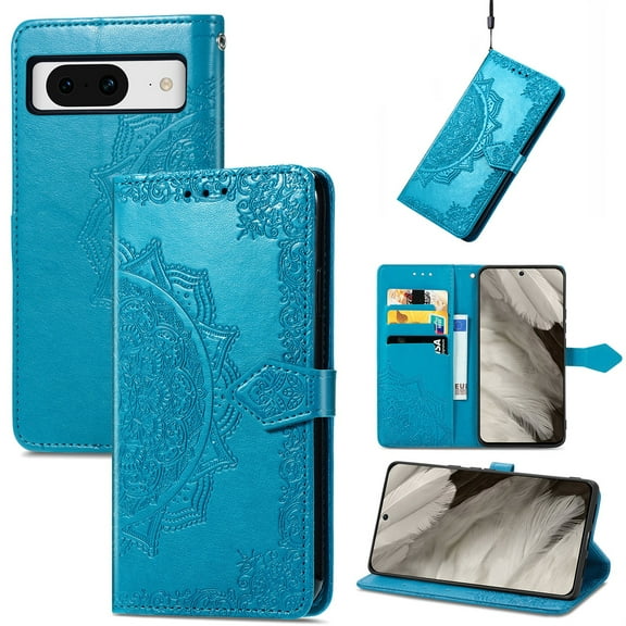 SaniMore for Google Pixel 8 6.3" 2023 Wallet Case with Embossed Mandala PU Leather Flip Protection Wrist Strap Credit Card Holder Pocket Kickstand Shockproof Cover For Google Pixel 8, Blue