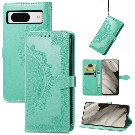 SaniMore for Google Pixel 8 6.3" 2023 Wallet Case with Embossed Mandala PU Leather Flip Protection Wrist Strap Credit Card Holder Pocket Kickstand Shockproof Cover For Google Pixel 8, Green