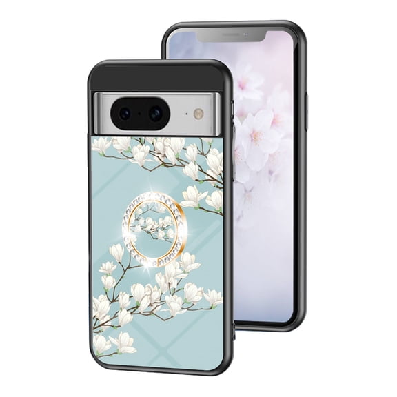 SaniMore for Google Pixel 8 Case, 31 Diamonds Glass Vehicle Magnetic Support Flexible TPU Flower Pattern Cover with 360° Rotatable Ring Kickstand Shockproof Protective Shell, Green Flower