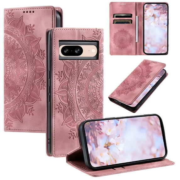 SaniMore for Google Pixel 8 Case, PU Leather Embosed Mandala Flower Wallet Protective Phone Cover Card Slots Pocket Purse Women Men Kickstand Vintage Shockproof Anti-fall Shell, Pink