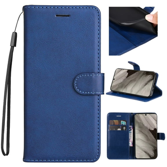 SaniMore for Google Pixel 8 Case, with RFID Blocking [2 Card Slots] PU Leather Cover with Detachable Hand Strap Flip Kickstand Magnetic Wallet Cover for Google Pixel 8, Blue