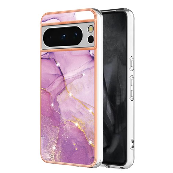 SaniMore for Google Pixel 8 Pro 6.7" 2023 Case with Wireless Charging Shockproof TPU Backplane Glitter Marble Pattern Fashion Design Anti-drop Anti-fingerprint Skin-feel Cover, Lightpurple