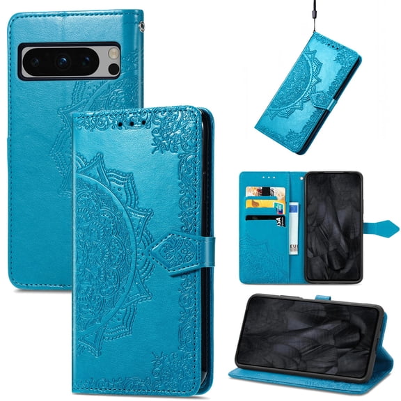 SaniMore for Google Pixel 8 Pro 6.7" 2023 Wallet Case with Embossed Mandala PU Leather Flip Protection Wrist Strap Credit Card Holder Pocket Kickstand Shockproof Cover For Google Pixel 8 Pro, Blue