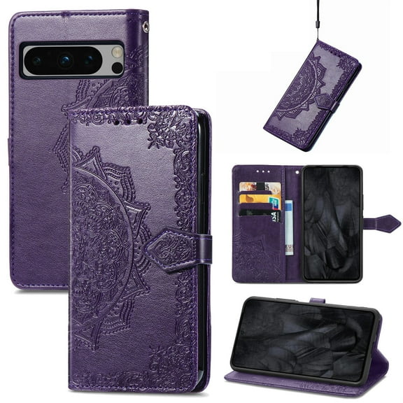 SaniMore for Google Pixel 8 Pro 6.7" 2023 Wallet Case with Embossed Mandala PU Leather Flip Protection Wrist Strap Credit Card Holder Pocket Kickstand Shockproof Cover For Google Pixel 8 Pro, Purple