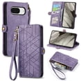 thumbnail image 1 of SaniMore for Google Pixel 8 Pro (6.7") Case, PU Leather Embossed Lines Wristlet Zipper Cash Pocket Card Slots Magnetic Flip Stand Full Protective TPU Shell Anti-drop Business Design, Purple, 1 of 10
