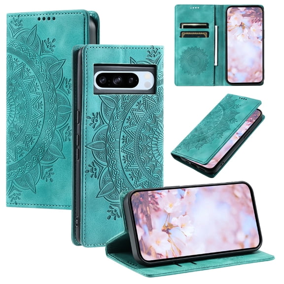 SaniMore for Google Pixel 8 Pro Case, PU Leather Embosed Mandala Flower Wallet Protective Phone Cover Card Slots Pocket Purse Women Men Kickstand Vintage Shockproof Anti-fall Shell, Green