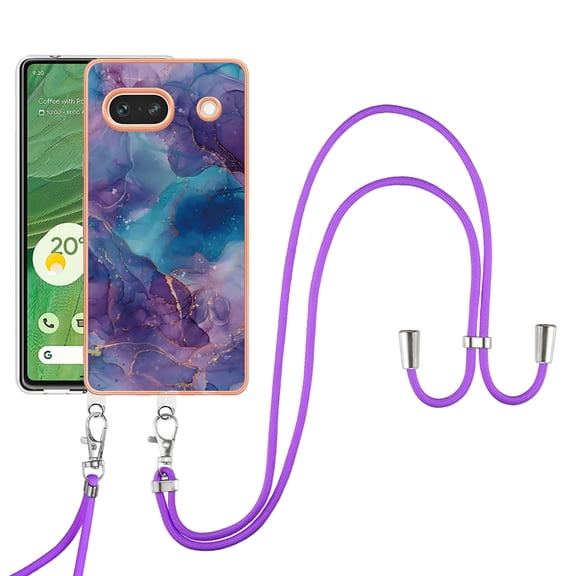 SaniMore for Google Pixel 8A Case, Marble Pattern 3 in 1 Heavy Duty Shockproof Full Body Hard PC IMD Bumper Crossbody Lanyard Women Girls Shockproof Cover for Google Pixel 8A, Purple