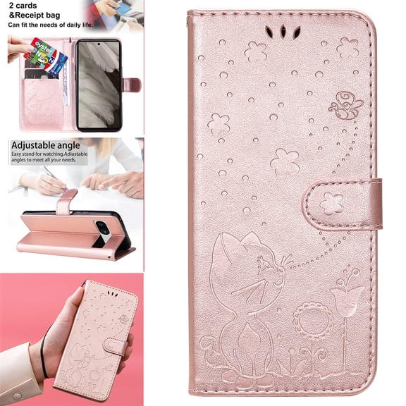 SaniMore for Google Pixel 8A Case, PU Leather Skin with Embossed Cat Flip Magnetic Cover Card Slots Kickstand Detachable Lanyard Full Around Protective Wallet Shell, Rosegold