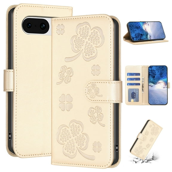 SaniMore for Google Pixel 8A Wallet Case, PU Leather Embossed Flower Adjustable Stand Card Slots Cash Pocket Business Shell Styllish Full Protective Shockproof Anti-drop TPU Retro Design, BlGold