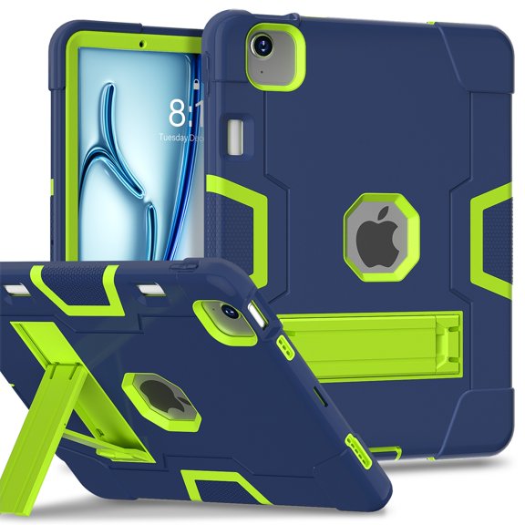 SaniMore Hybird Case for Apple iPad Air 11 2024, Rugged Heavy Duty Protective Case Hidden Kickstand Dual Angle Stand Shockproof Anti-drop for Apple iPad Air 11, Q-Navy+Green