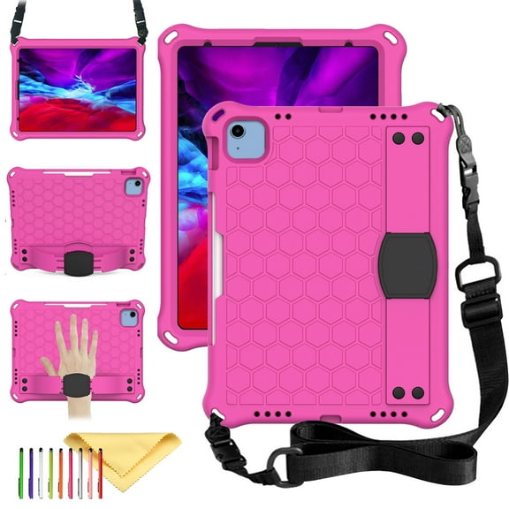 SaniMore Kids Adults Case Fit iPad 10th Generation 10.9" 2022 Tablet, Heavy Duty Rugged Shockproof Case with Hand Strap, Kickstand, Carrying Shoulder Strap, Rose+Black
