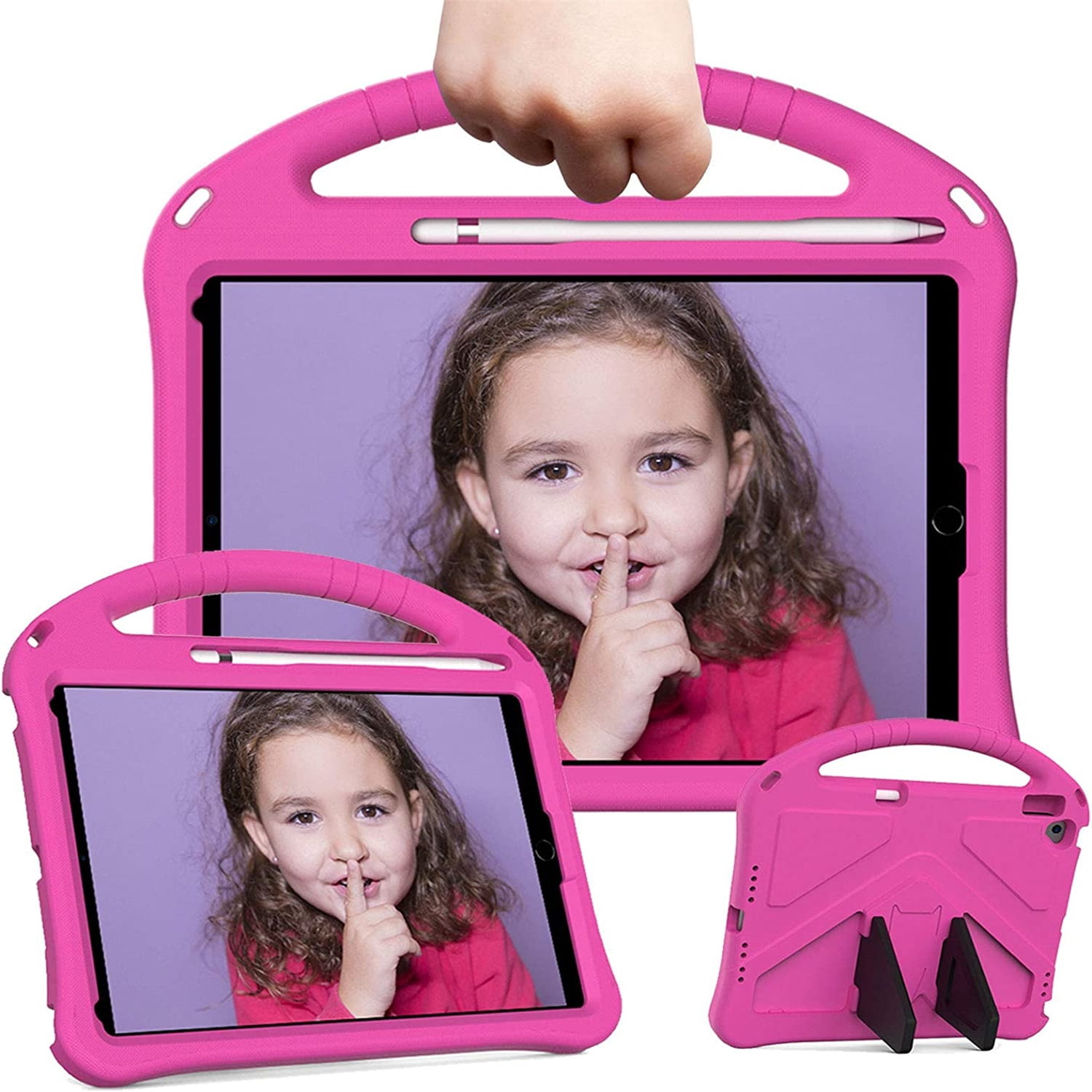 SaniMore Kids Case for iPad 10.2 2021/2020/2019, iPad 9th/8th/7th Generation Case with Pencil Holder & Screen Protector, Shock Proof Light Weight Convertible Handle Stand Kids Shell Case, Rose