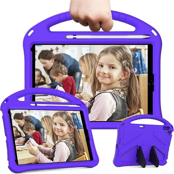 SaniMore Kids Case for iPad 10.2 2021/2020/2019, iPad 9th/8th/7th Generation Case with Pencil Holder & Screen Protector, Shock Proof Light Weight Convertible Handle Stand Kids Shell Case, Purple