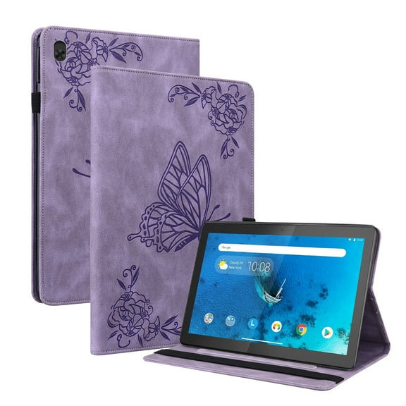 SaniMore for Lenovo Tab M10 10.1 inch 3rd Generation TB-328F Wallet Case Card Slots Hand Rope Anti-slip Strip Pen Holder Auto Wake/Sleep Stand Embossed Butterfly for Girls Women, Purple