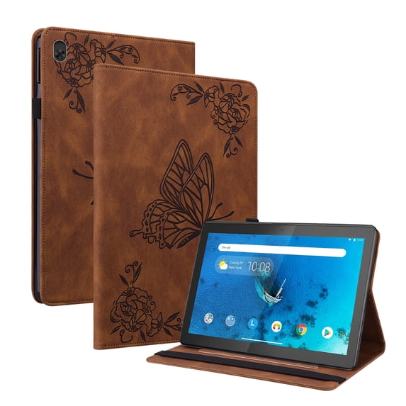 SaniMore for Lenovo Tab M10 10.1 inch 3rd Generation TB-328F Wallet Case Card Slots Hand Rope Anti-slip Strip Pen Holder Auto Wake/Sleep Stand Embossed Butterfly for Girls Women, Brown