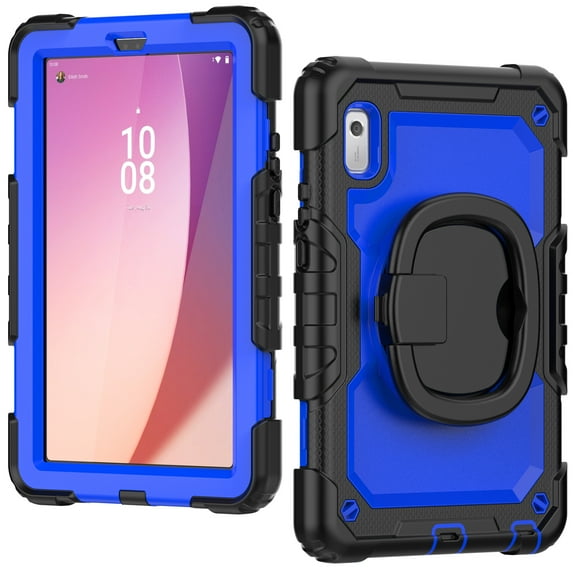 SaniMore for Lenovo Tab M9 9" Tablet 2023 (Model TB-310FU) Back Case with 360° Rotating Kickstand Holder Screen Protector Tri-layer Heavy Duty Drop-resistant Shockproof Cover, Black+Blue