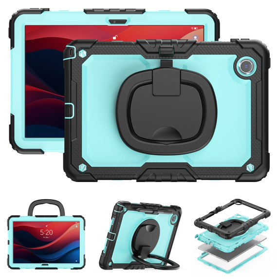 SaniMore for Lenovo Tab M9 9" Tablet 2023 (Model TB-310FU) Back Case with 360° Rotating Kickstand Holder Screen Protector Tri-layer Heavy Duty Drop-resistant Shockproof Cover, Black+Light Blue