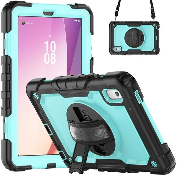 SaniMore for Lenovo Tab M9 Case 9 inch 2023 Tablet, Multi-Functional Rotating Kicktand Cover Built-in Screen Protector, Lenovo Tab M9 Tablet Case with Handle Shoulder Strap & Pen Holder, Black+Mint