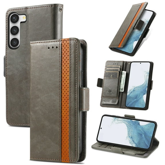SaniMore Magnetic Clasp Wallet Case for Samsung Galaxy S23 with Cash & Card Slots, RFID Blocking Soft TPU + PU Leather Shockproof Protective Cover with Folio Flip Kickstand Shell, Gray
