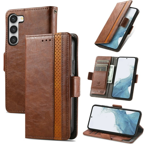 SaniMore Magnetic Clasp Wallet Case for Samsung Galaxy S23 FE with Cash & Card Slots, RFID Blocking Soft TPU + PU Leather Shockproof Protective Cover with Folio Flip Kickstand Shell, Darkbrown