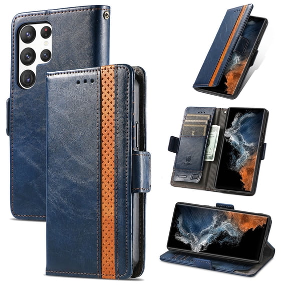 SaniMore Magnetic Clasp Wallet Case for Samsung Galaxy S23 Ultra with Cash & Card Slots, RFID Blocking Soft TPU + PU Leather Shockproof Protective Cover with Folio Flip Kickstand Shell, Darkblue