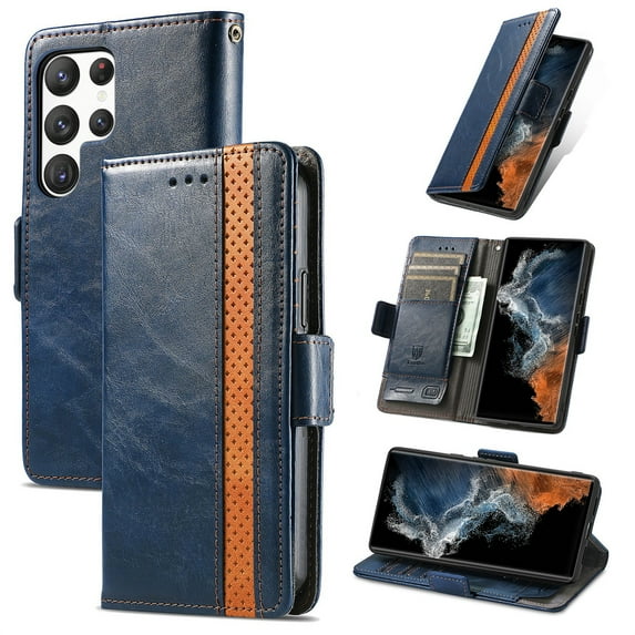 SaniMore Magnetic Clasp Wallet Case for Samsung Galaxy S24 Ultra with Cash & Card Slots, RFID Blocking Soft TPU + PU Leather Shockproof Protective Cover with Folio Flip Kickstand Shell, Darkblue