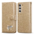 thumbnail image 1 of SaniMore Magnetic Closure Flip Wallet Case for Samsung Galaxy S22, [RFID Blocking] Card Holder PU Leather Glitter Diamond Heart Cover with Kickstand Shockproof Protective Shell, Gold, 1 of 9
