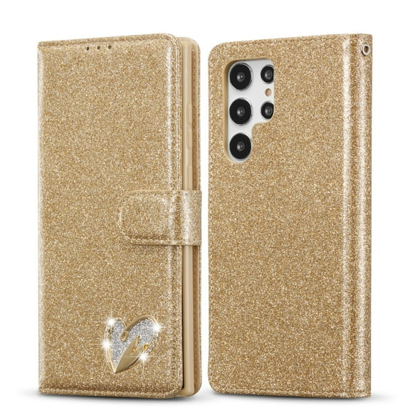 SaniMore Magnetic Closure Flip Wallet Case for Samsung Galaxy S23 Ultra, [RFID Blocking] Card Holder PU Leather Glitter Diamond Heart Cover with Kickstand Shockproof Protective Shell, Gold