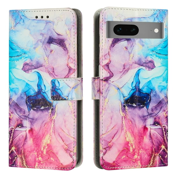 SaniMore Magnetic Closure Wallet Case for Google Pixel 7 with Card Holder, Painted Marble Pattern PU Leather Cover Support Kickstand & Wrist Strap Shockproof Protective Shell, Pink