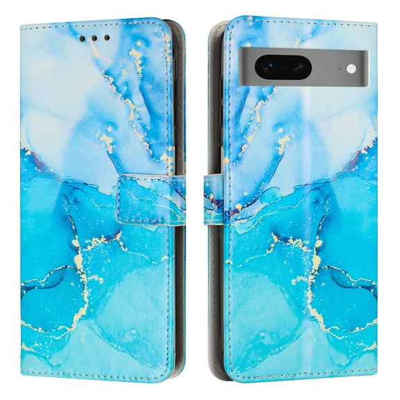 SaniMore Magnetic Closure Wallet Case for Google Pixel 7 with Card Holder, Painted Marble Pattern PU Leather Cover Support Kickstand & Wrist Strap Shockproof Protective Shell, Blue