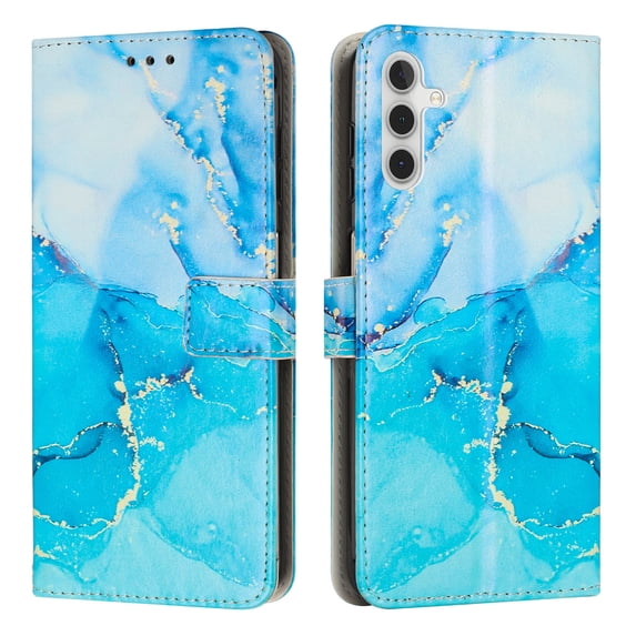 SaniMore Magnetic Closure Wallet Case for Samsung Galaxy A34 5G with Card Holder, Painted Marble Pattern PU Leather Cover Support Kickstand & Wrist Strap Shockproof Protective Shell, Blue