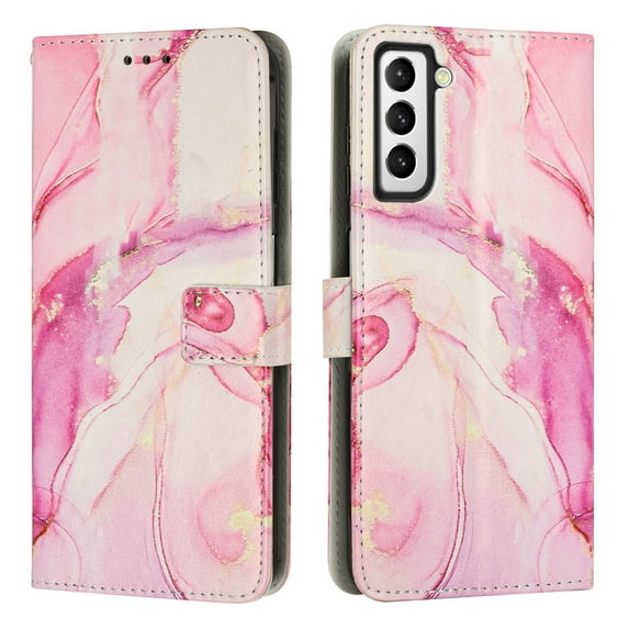 SaniMore Magnetic Closure Wallet Case for Samsung Galaxy S21 FE with Card Holder, Painted Marble Pattern PU Leather Cover Support Kickstand & Wrist Strap Shockproof Protective Shell, Rosegold