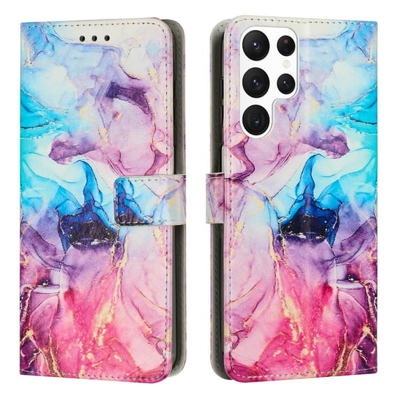 SaniMore Magnetic Closure Wallet Case for Samsung Galaxy S22 Ultra with Card Holder, Painted Marble Pattern PU Leather Cover Support Kickstand & Wrist Strap Shockproof Protective Shell, Pink