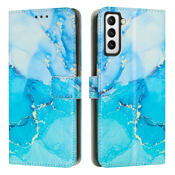 SaniMore Magnetic Closure Wallet Case for Samsung Galaxy S23 with Card Holder, Painted Marble Pattern PU Leather Cover Support Kickstand & Wrist Strap Shockproof Protective Shell, Blue