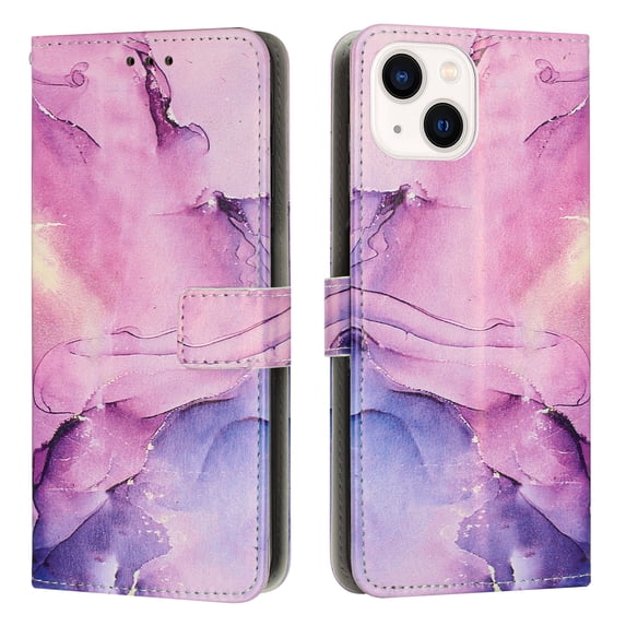 SaniMore Magnetic Closure Wallet Case for iPhone 14 Plus with Card Holder, Painted Marble Pattern PU Leather Cover Support Kickstand & Wrist Strap Shockproof Protective Shell, Purple