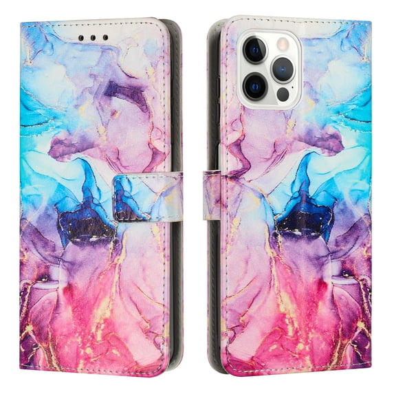 SaniMore Magnetic Closure Wallet Case for iPhone 14 Pro with Card Holder, Painted Marble Pattern PU Leather Cover Support Kickstand & Wrist Strap Shockproof Protective Shell, Pink