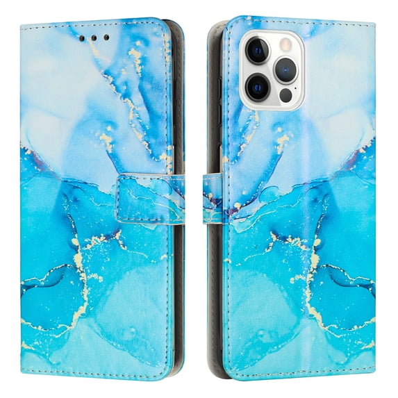 SaniMore Magnetic Closure Wallet Case for iPhone 14 Pro with Card Holder, Painted Marble Pattern PU Leather Cover Support Kickstand & Wrist Strap Shockproof Protective Shell, Blue