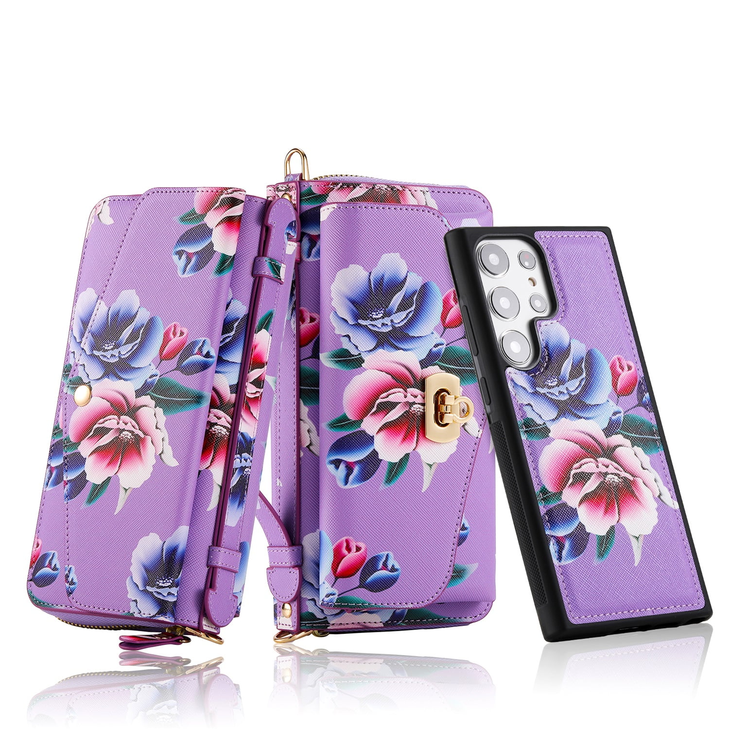 SaniMore Magnetic Detachable Wallet Case for Samsung Galaxy S22 Ultra, Flower Pattern RFID Blocking Cover Support Wireless Charging Card Slot Shoulder & Wrist Strap 360° Full Protective Shell, Purple