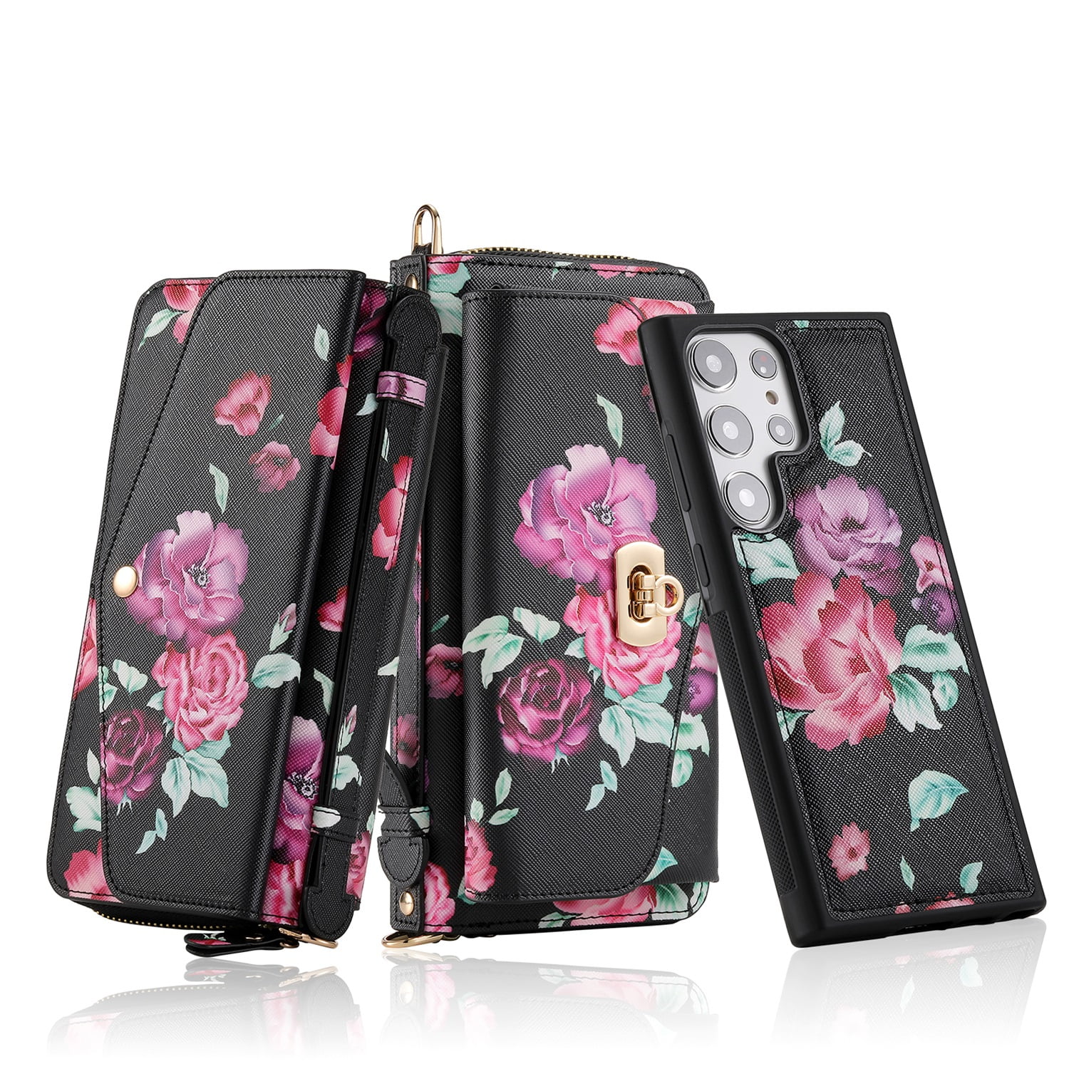 SaniMore Magnetic Detachable Wallet Case for Samsung Galaxy S22 Ultra, Flower Pattern RFID Blocking Cover Support Wireless Charging Card Slot Shoulder & Wrist Strap 360° Full Protective Shell, Black