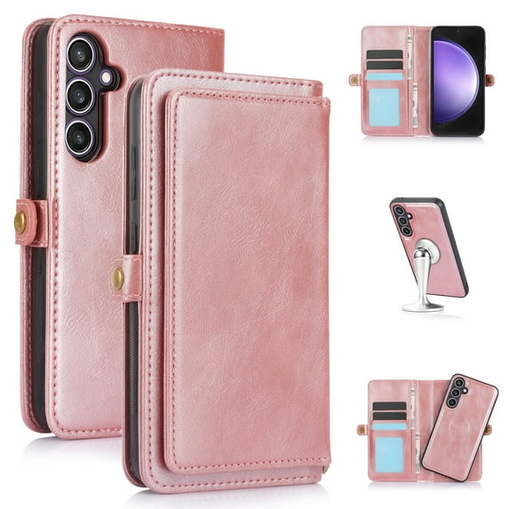 SaniMore Magnetic Detachable Wallet Case for Samsung Galaxy S23 FE, PU Leather 2-in-1 Functional Cover Buil-in Multiple Card Slots & Car Mount Wrist Strap Shockproof Protective Shell, Rosegold