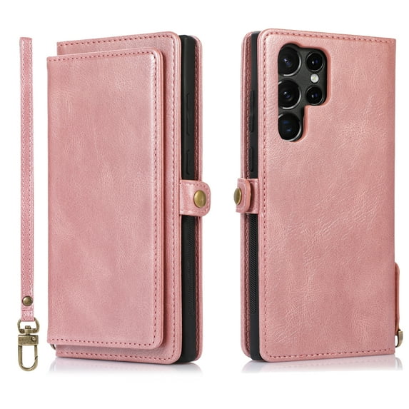 SaniMore Magnetic Detachable Wallet Case for Samsung Galaxy S23 Ultra, PU Leather 2-in-1 Functional Cover Buil-in Multiple Card Slots & Car Mount Wrist Strap Shockproof Protective Shell, Rosegold